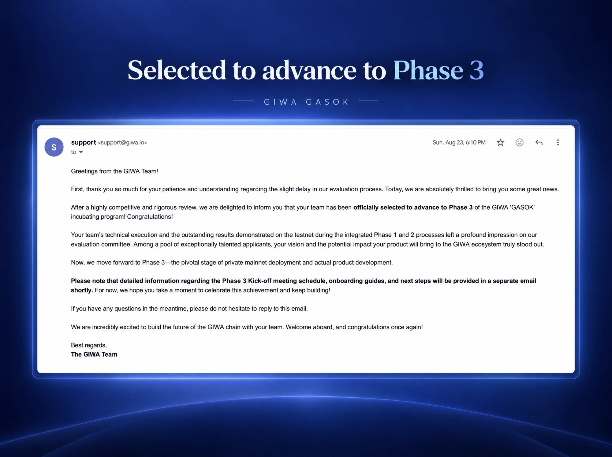 Email from the GIWA team: Writ Fi has been selected to advance to Phase 3 of the GIWA GASOK incubation program.